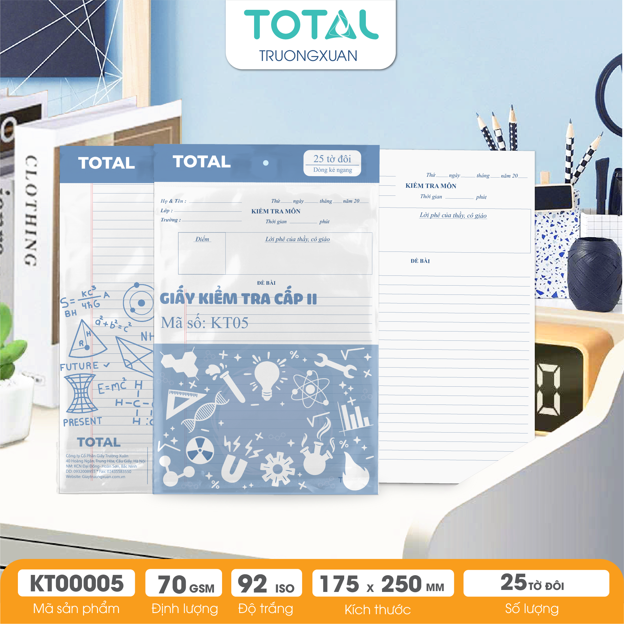 Giấy kiểm tra cấp 2-3, kẻ ngang - 25 tờ đôi