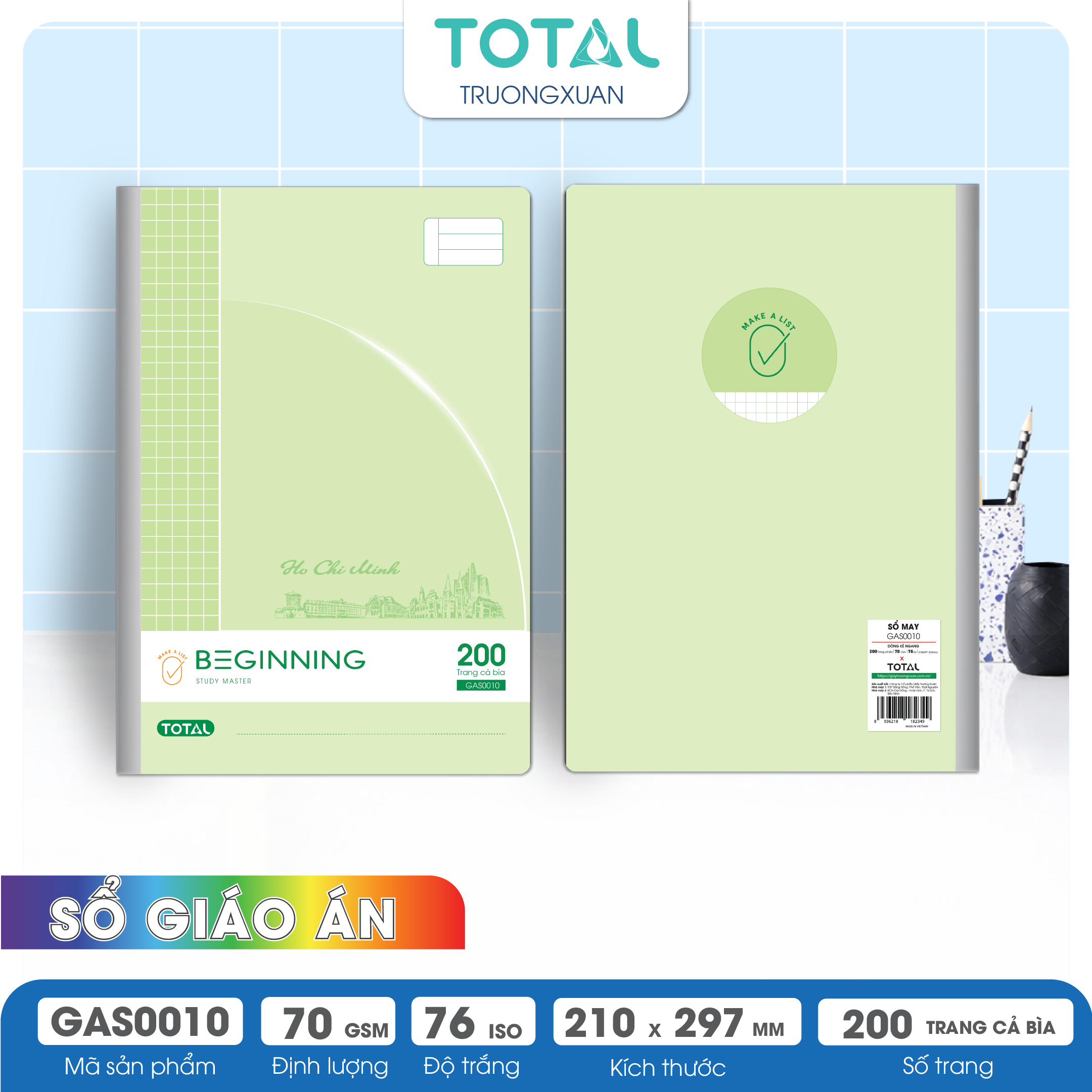Sổ may dán gáy chống lóa cao cấp A4 Total GAS0010 200 trang