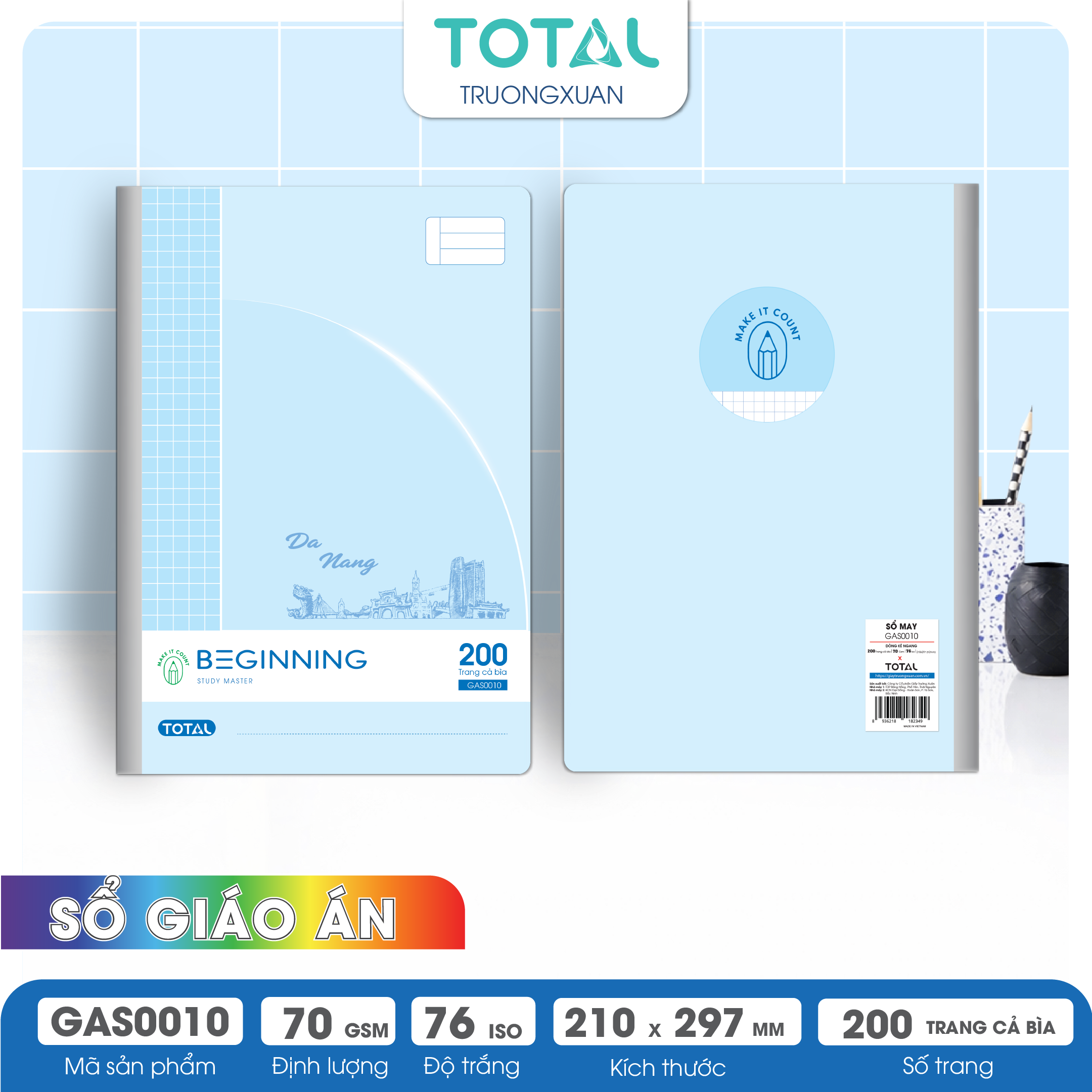 Sổ may dán gáy chống lóa cao cấp A4 Total GAS0010 200 trang