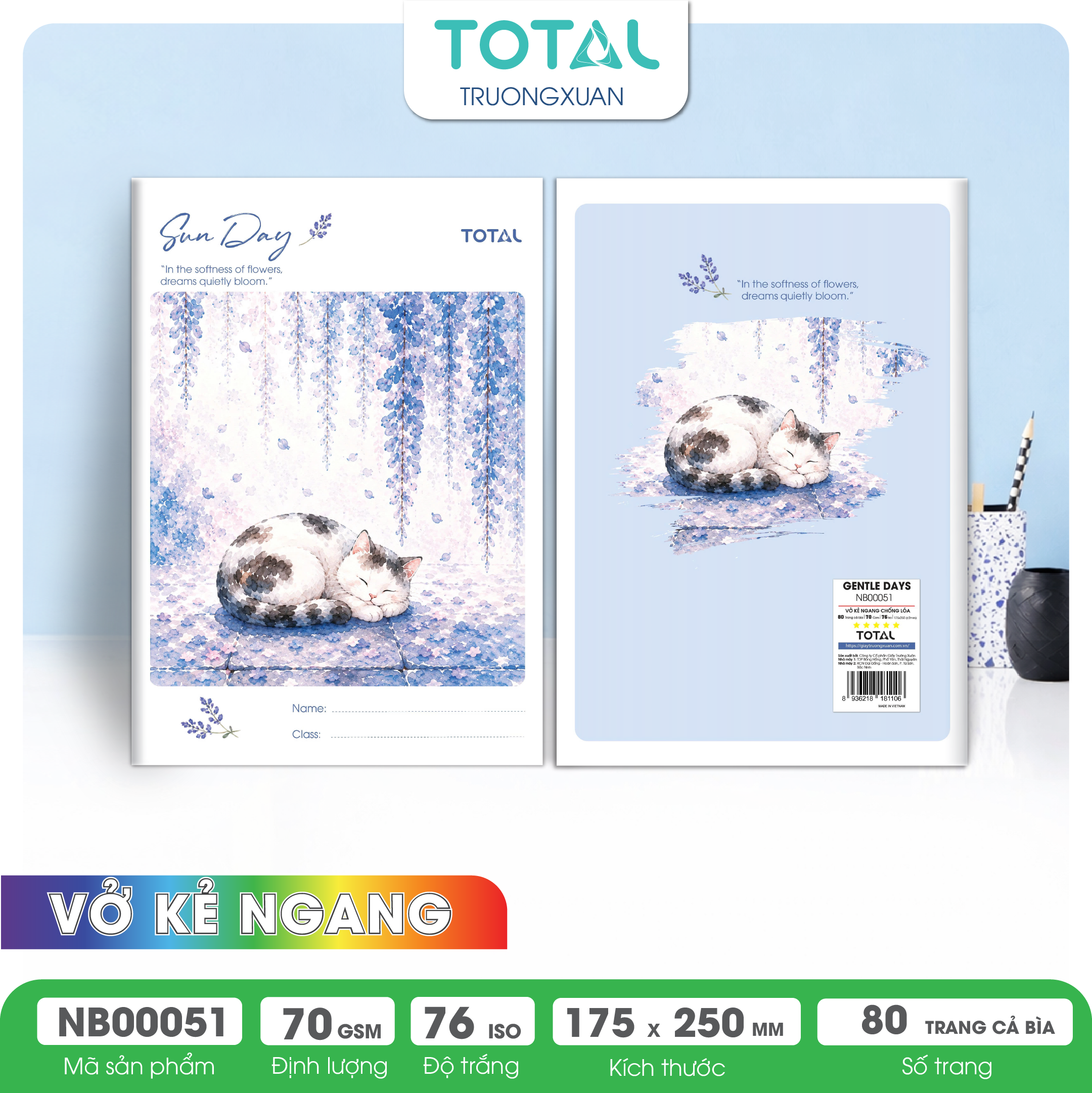 Vở kẻ ngang chống lóa Total Gentle Days  80 trang