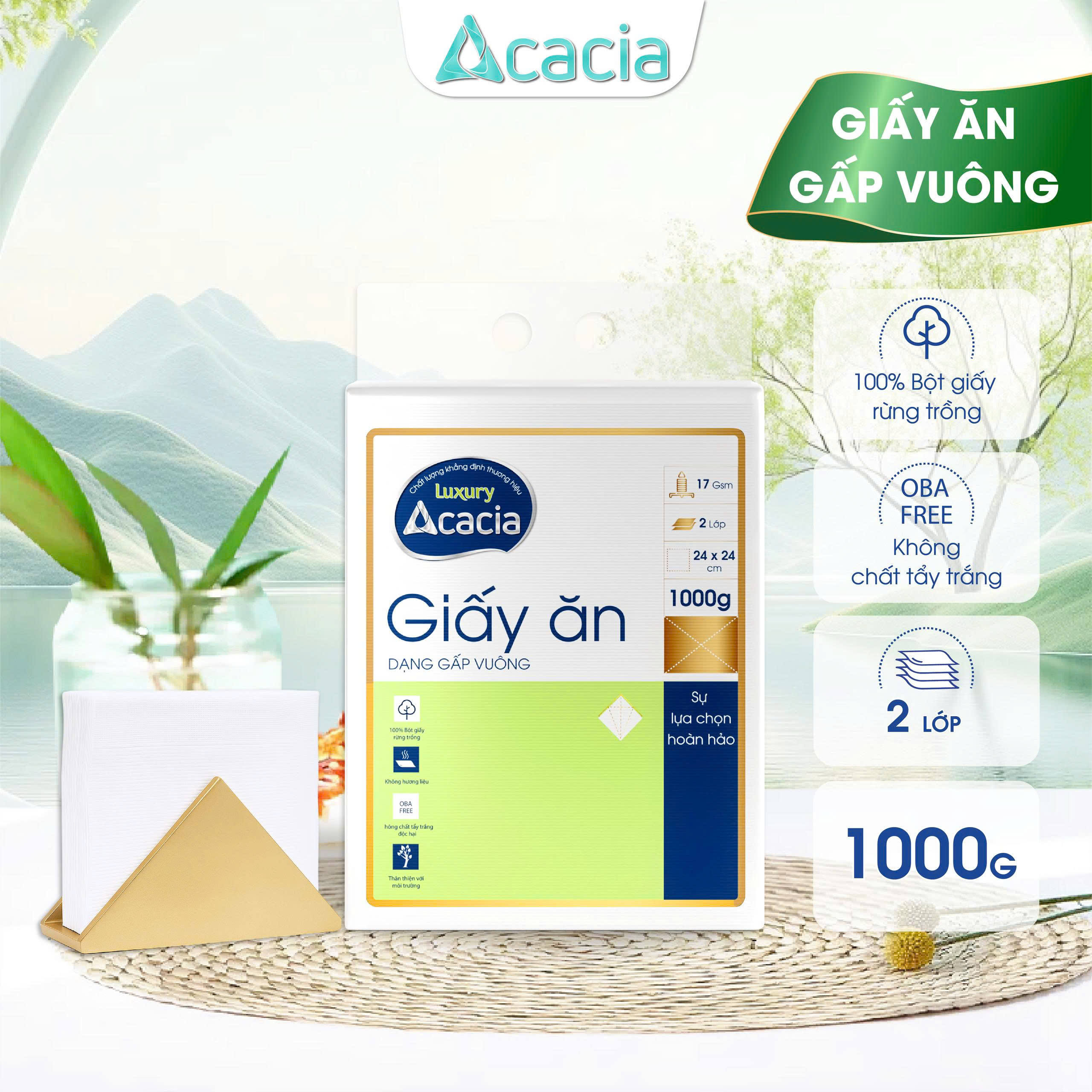 Giấy ăn gấp vuông Acacia Luxury túi 1kg tem xanh