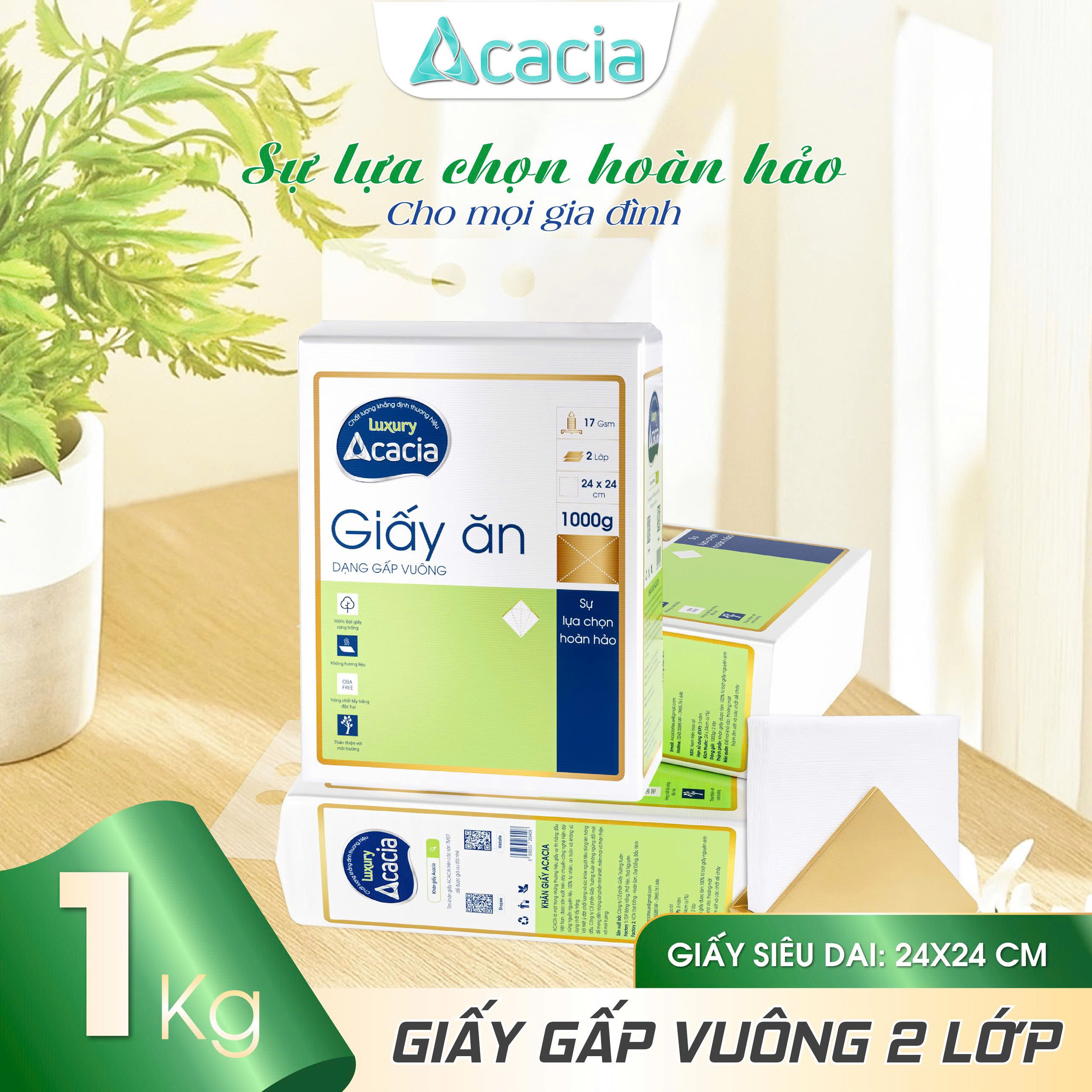 Giấy ăn gấp vuông Acacia Luxury túi 1kg tem xanh