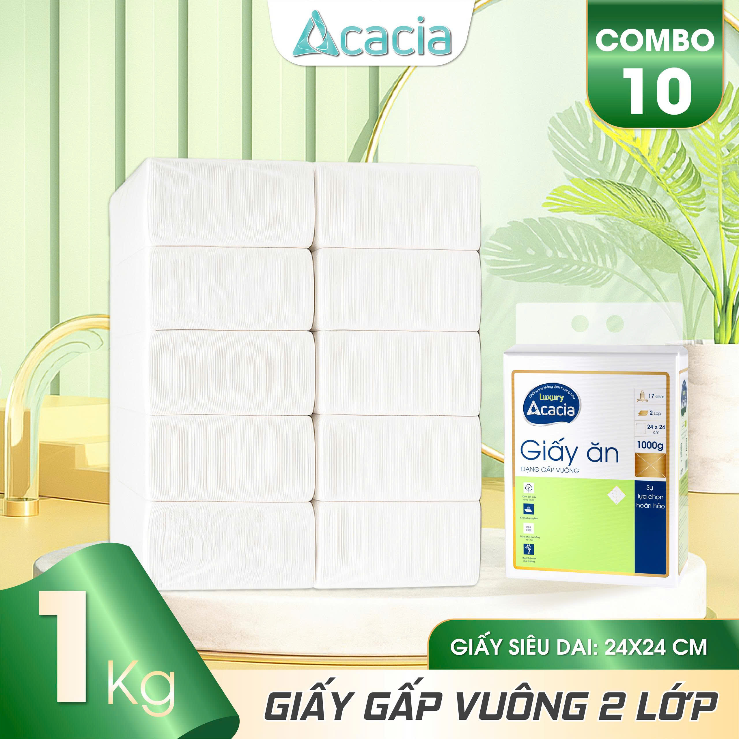 Giấy ăn gấp vuông Acacia Luxury túi 1kg tem xanh