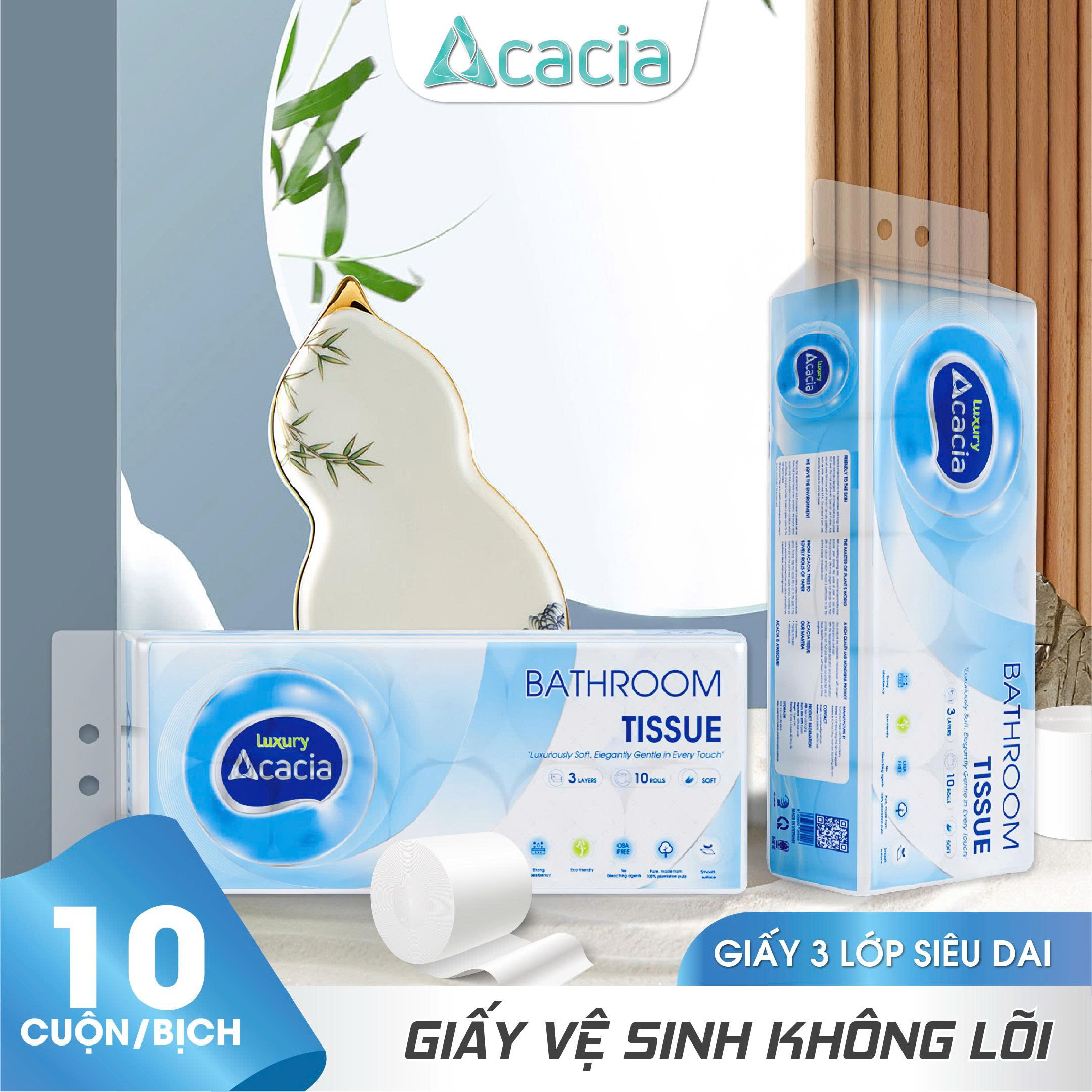 Giấy Toilet ACACIA T15 Luxury 10 cuộn không lõi (Xanh)