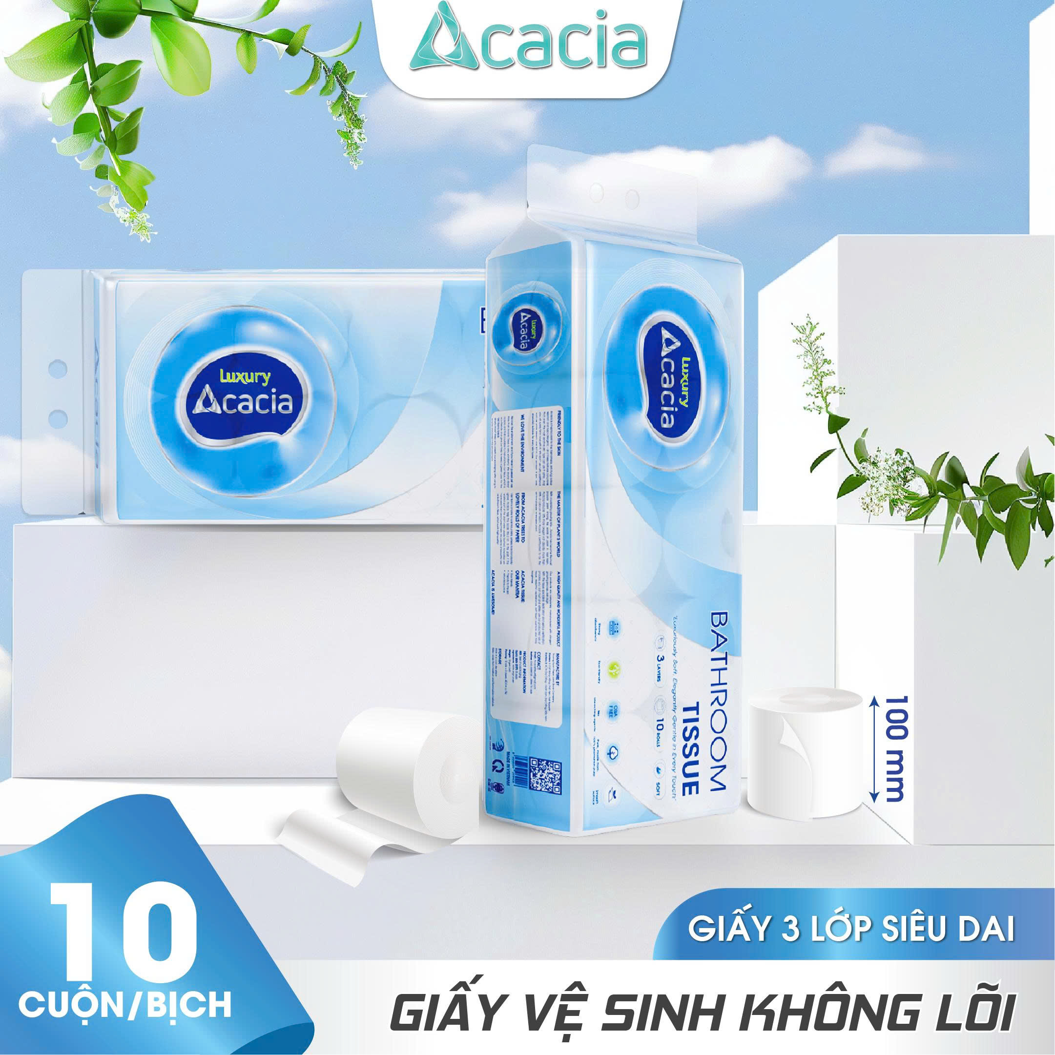 Giấy Toilet ACACIA T15 Luxury 10 cuộn không lõi (Xanh)