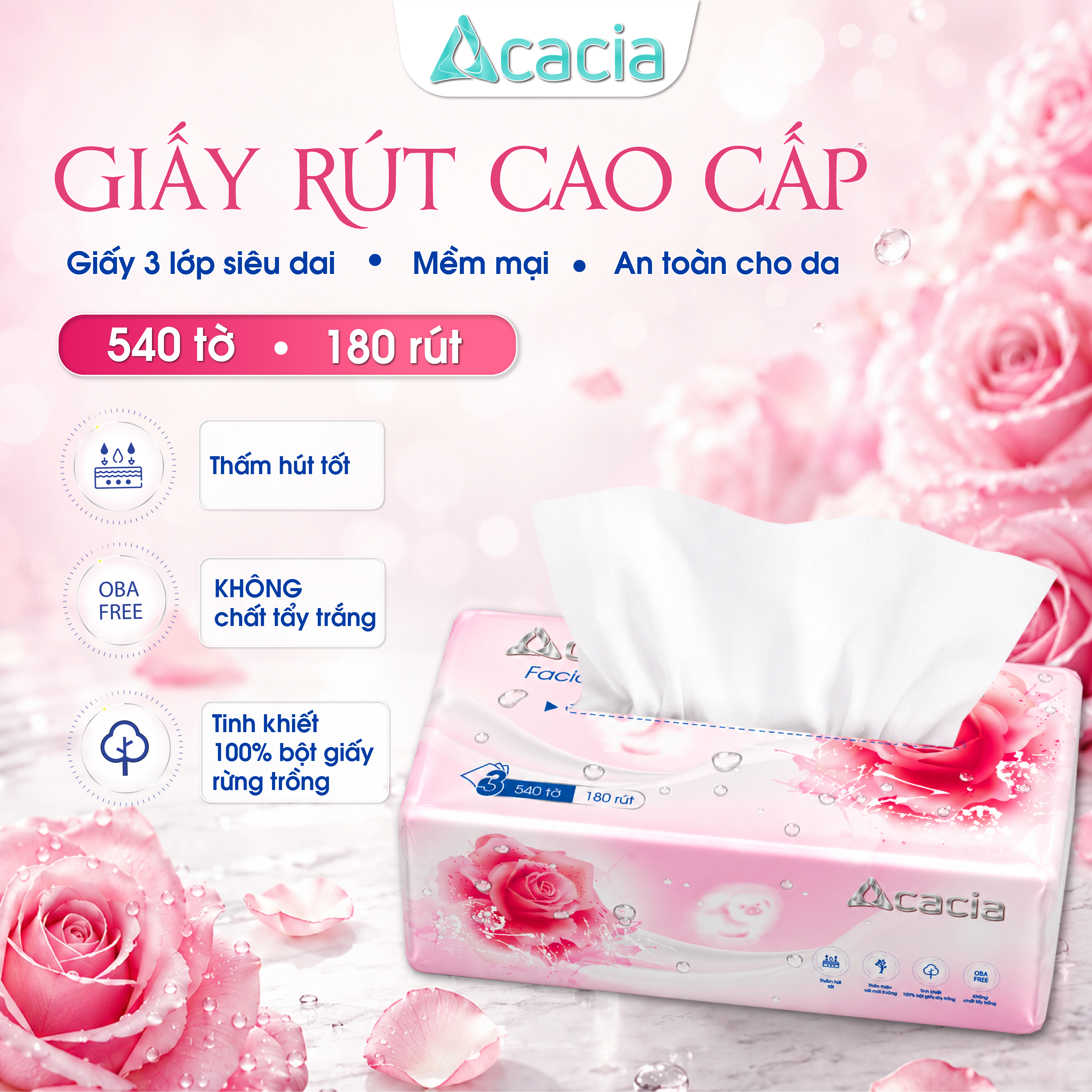 Sản phẩm giấy rút Acacia 540 tờ ( 180 lần rút), 3 lớp sang trọng